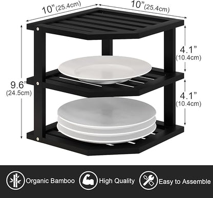 VERTORGAN 3 Tier Bamboo Corner Shelf(4 Pack),Dish Drying Rack,Plate Organizer,Kitchen Spice Rack for Countertop and Cabinet(Black)