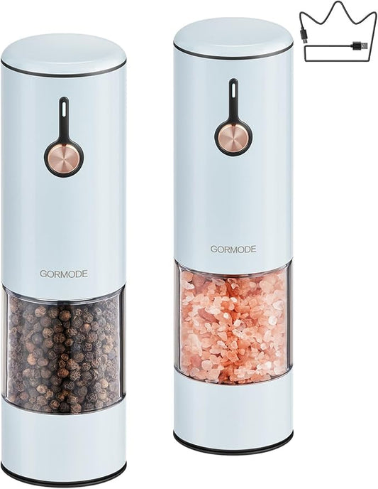 Electric Pepper Grinder and Salt Mill Set - Large Capacity USB Rechargeable Automatic Grinder with Dual LED Lights, One-Handed Operation & Slide Cover - Brushed Stainless Steel by GORMODEOfficial