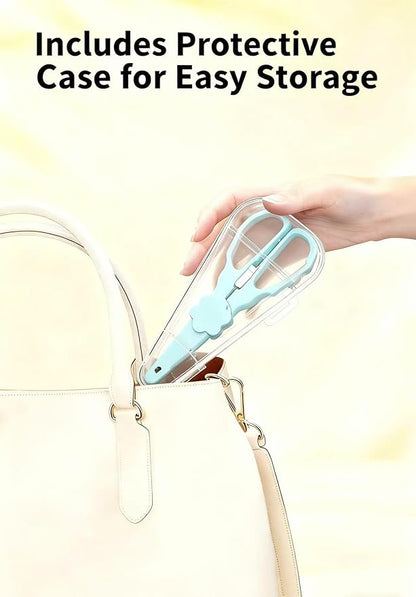 Baby Food Scissors with Travel Case, Portable Stainless Steel Shears with Safety Lock, Dishwasher Safe, Kitchen Scissors, Healthy Food Cutter with Dust Cover, Blue