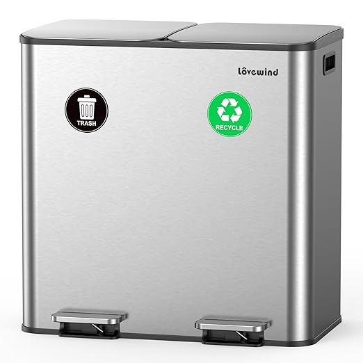 Lovewind Trash Can, 2 x 10.5 Gallon (2 x 40 L) Garbage Can for Kitchen Dual Compartment Recycling Kitchen Step Trash Bin, Stainless Steel Trash and Recycle Bin Combo with Soft-Close Lid, Silver by LOVEWIND