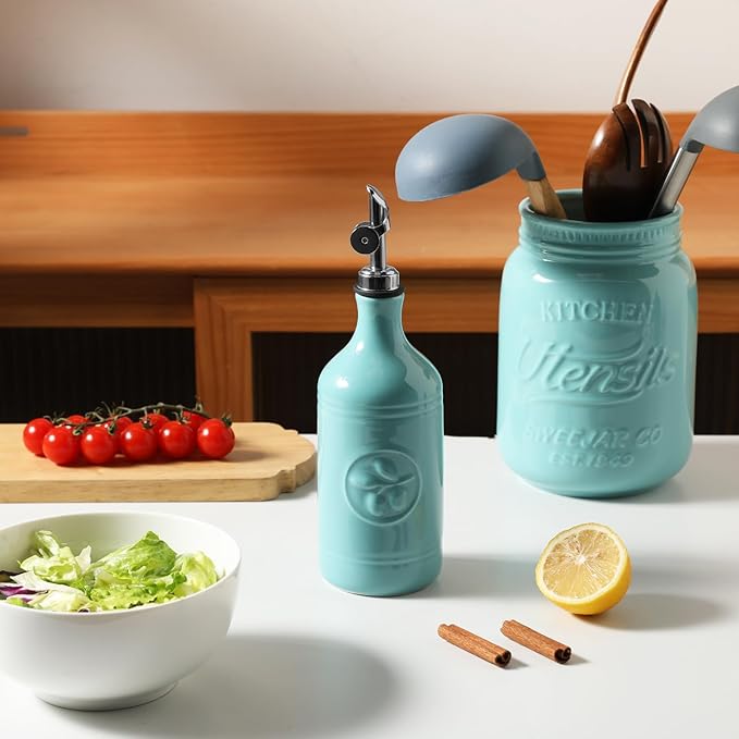 Sweejar 16 Oz Ceramic Olive Oil Dispenser Bottle, Oil Dispenser for Kitchen with Gravity Spout, Relief Opaque Oil Container for Evoo, Avocado Oil, Vinegar, Soy Sauce, 1 Pack(Turquoise, Silver Spout) - Image 2