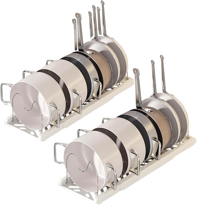 Pot Rack -Expandable Pan Organizer for Cabinet,Pot Lid Holder with 7 Adjustable Compartment for Kitchen Cabinet Cookware Baking Frying Rack,2Pack,Apricot by Lhieiayh