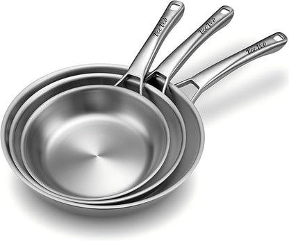 VocVoi Stainless Steel Pan Set, Frying Pan Set, 8/10/12 Inch Stainless Steel Cookware Set, PFOA&PTFE Free Tri-Ply Skillets, Chef's Pan Set, Dishwasher and Oven Safe, Induction Compatible by VocVoi