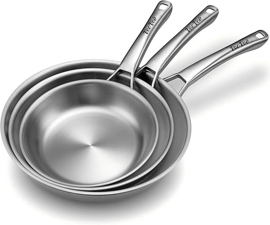 VocVoi Stainless Steel Pan Set, Frying Pan Set, 8/10/12 Inch Stainless Steel Cookware Set, PFOA&PTFE Free Tri-Ply Skillets, Chef's Pan Set, Dishwasher and Oven Safe, Induction Compatible by VocVoi