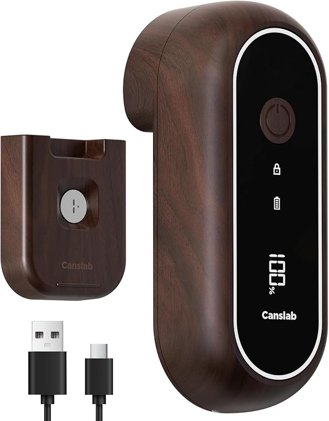 Canslab Turbo - Auto Shut Off Rechargeable Electric Can Openers - LED Battery Display USB Automatic Can Openerfor Kitchen for Seniors with Arthritis - One Touch Side Cut Can Opener Smooth Edge, Wood by Canslab