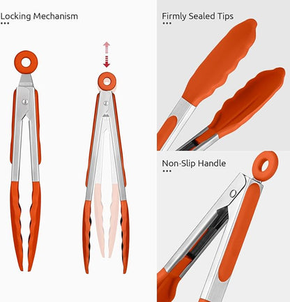 600ºF Heat Resistant Kitchen Tong: U-Taste 7 inch Silicone Cooking Tong with Firm Sealed Non Stick Rubber Tips & Silicon Coated 18/8 Stainless Steel Handle & Smooth Locking for Serving Salad (Orange) - Image 6