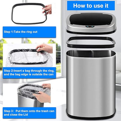 Dkeli Kitchen Trash Can for Bathroom Bedroom Home Office Automatic Touch Free High-Capacity Garbage Can with Lid 13 Gallon / 50L Brushed Stainless Steel Trash Bin