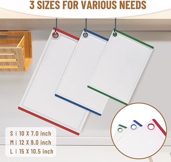 Kikcoin Plastic Cutting Boards for Kitchen, 3-Piece Large Cutting Board Set Dishwasher Safe Chopping Boards with Non-slip Feet and Juice Grooves, Multicolor - Image 2