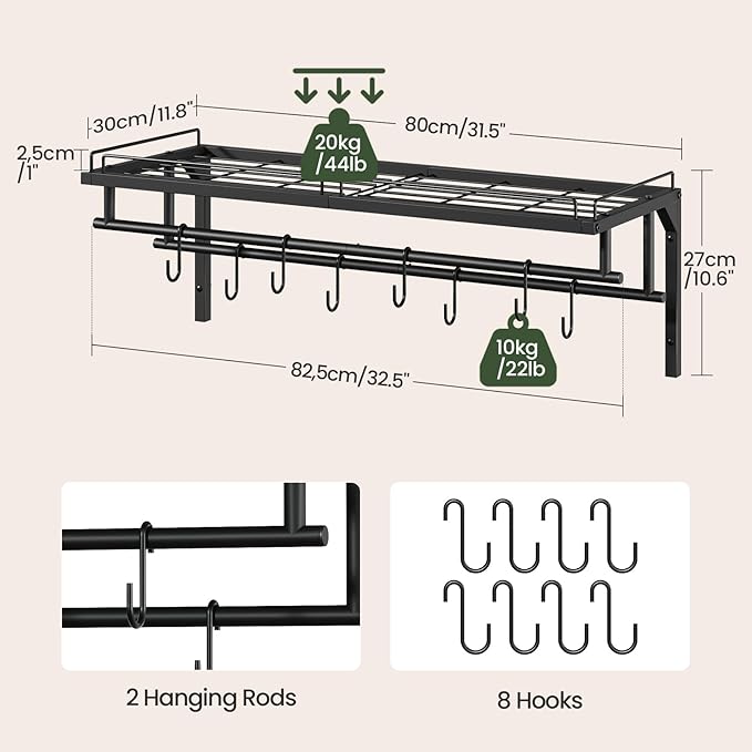 CHOEZON Hanging Pot Rack, Wall-Mounted Pot Rack, Kitchen Cookware Organizer, Metal Pot and pan Organizer Holder, for Cookware, Utensils Organization, Black TPR38BB - Image 4