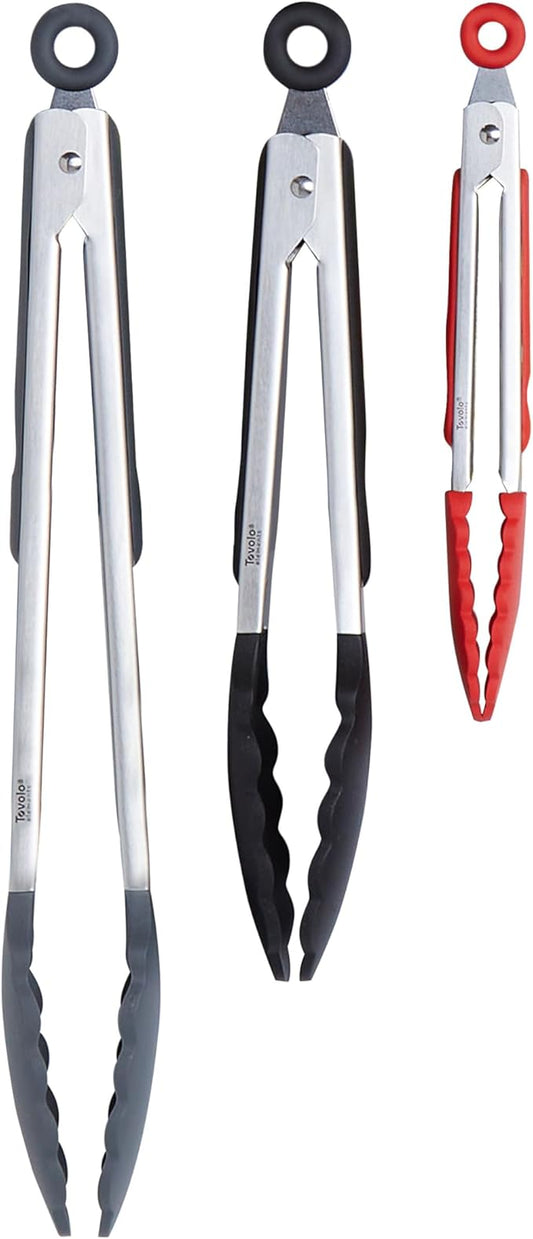 Tovolo Stainless Steel Tongs with Silicone Tips Set of 3 Mini 7” 9” 12 Inch with Easy Lock Mechanism for Cooking Grilling Air Fryer Serving, Red Black Charcoal Gray Heat Resistant Kitchen Tongs