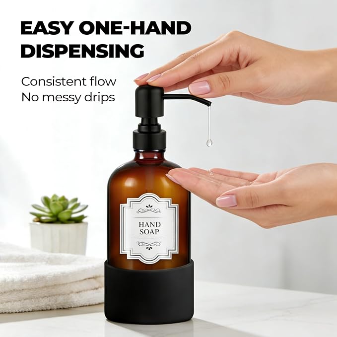 16 oz Hand and Dish Soap Dispenser Set for Kitchen and Bathroom, 500ml Amber Glass Soap Dispenser with Stainless Steel Pump, Non-Slip Silicone Sleeves, Labels - 2 Pack