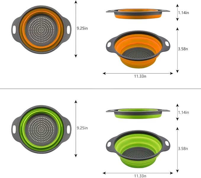 QiMH Collapsible Colander Set of 3-2 PC 4 Quart and 1 PC 6 Quart Over the Sink Colander - Food-Grade Sturdy Plastic Base - Round Space-save Silicone Kitchen Foldable Food Strainer - Image 2