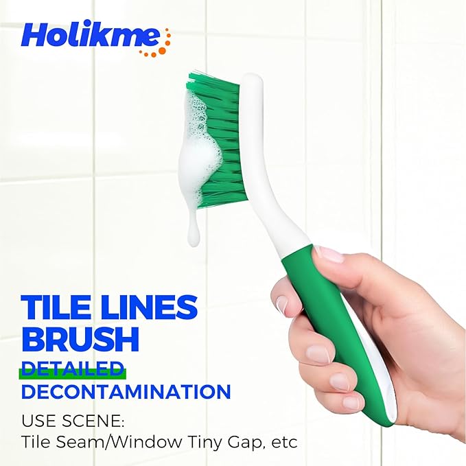 Holikme Cleaning Brush Set for Household Use, Scrub Brush, Kitchen Brush, Tile Lines Brush for Bathroom, Floor, Tub, Shower and Kitchen Surface (Green) - Image 3
