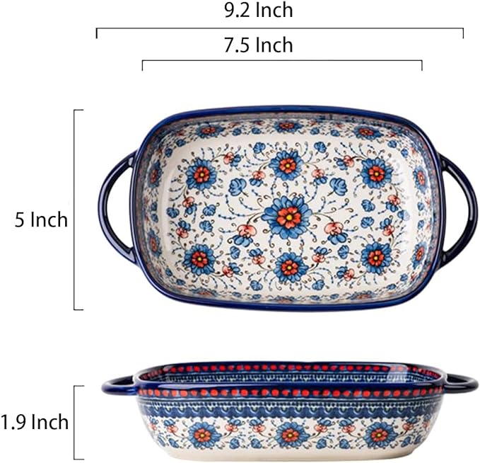 Blue and Orange Flower Vintage Style Ceramic Bakeware Casserole Dish Baking Pan Lasagna Pans with Handles for Oven/Cooking/Kitchen-1 PCS-22 OZ - Image 2