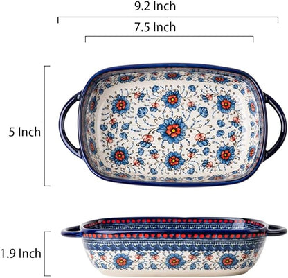 Blue and Orange Flower Vintage Style Ceramic Bakeware Casserole Dish Baking Pan Lasagna Pans with Handles for Oven/Cooking/Kitchen-1 PCS-22 OZ - Image 2