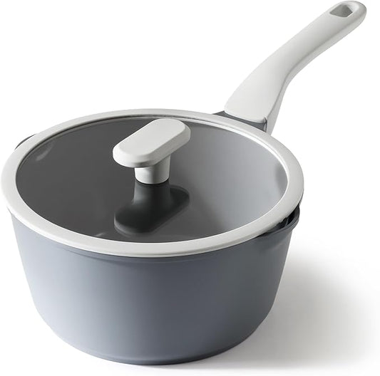 PRICUSIS Ceramic Nonstick Saucepan with Lid, 3 Quart Non Toxic Pot with Pour Spouts, Full Coated, 100% Dishwasher Safe, Induction Compatible & Oven Safe, PTFE PFAS & PFOA Free, Grey by PRICUSIS