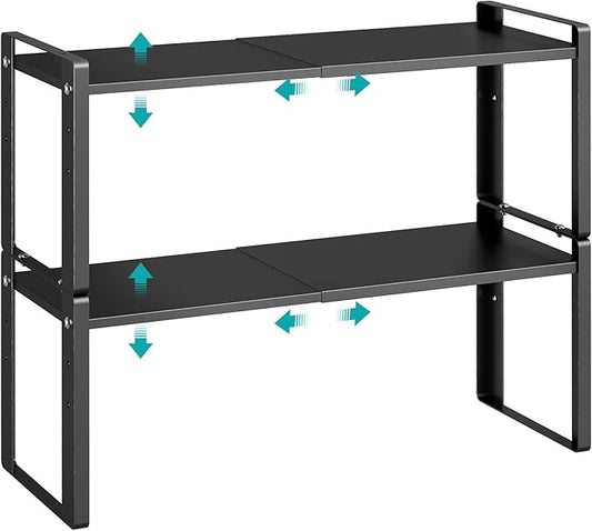 2 Pack Expandable Cabinet Organizer Shelves, 88lbs High Weight Capacity, Stackable Heavy-Duty Metal Storage Rack, Adjustable Cabinet Shelf for Kitchen, Pantry, Cupboard, Under Sink, Black by Unknown