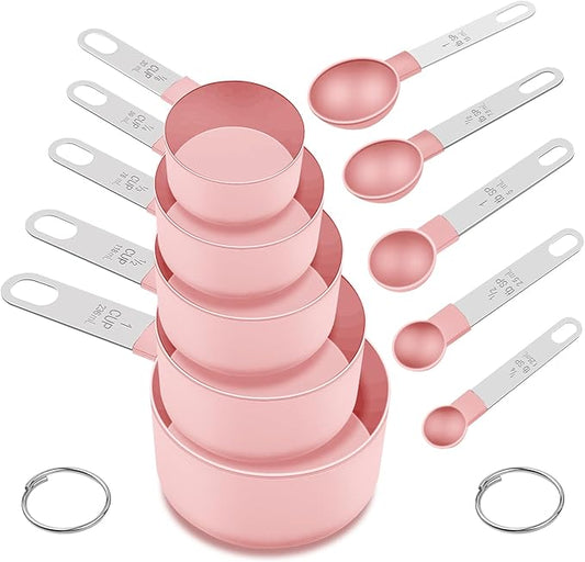 Measuring Cups and Spoons Set, 10 Pieces Nesting Measure Tools, Kitchen Essentials Gadgets with Stainless Steel Handle for Dry & Liquid Ingredient, Pink by FONYA