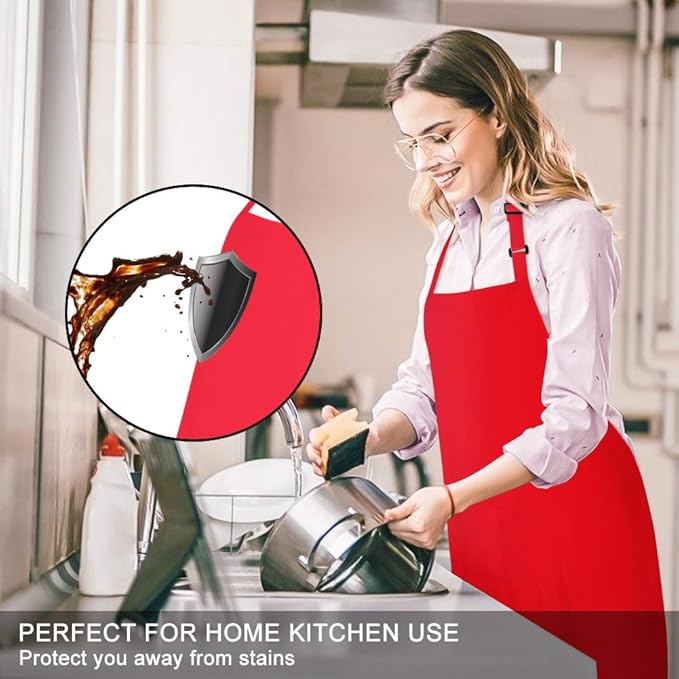 Jubatus 2 Pack Bib Aprons with 2 Pockets Cooking Chef Kitchen Apron for Women Men, Red - Image 3
