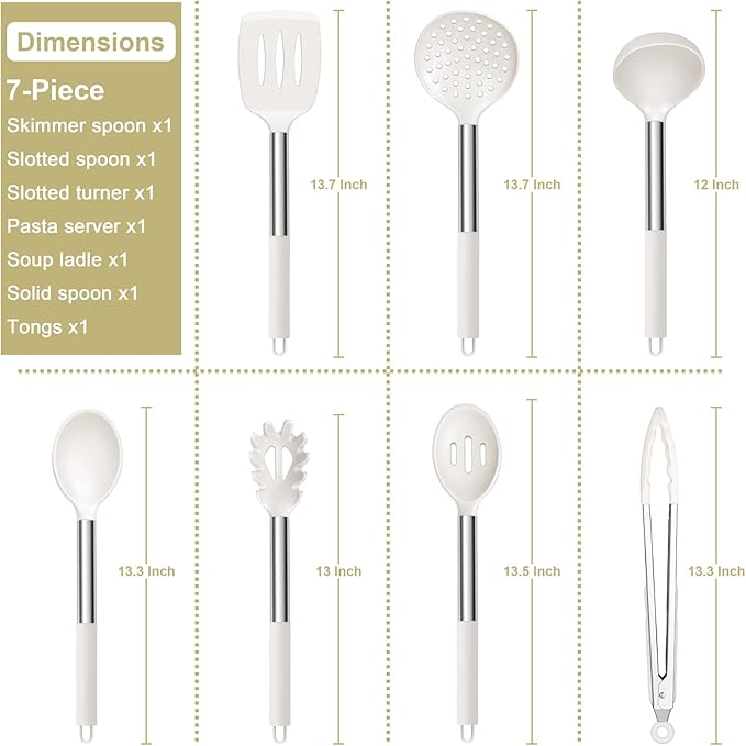E-far Silicone Cooking Utensils Set, 7 Pcs Heat Resistant Kitchen Utensils with Stainless Steel Handle, Slotted Turner, Spoon, Soup Ladle, Pasta Server, Skimmer, Tongs for Nonstick Cookware, White - Image 2
