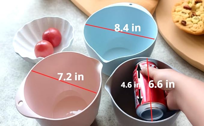 3 Mixing Bowls Set with Lids,Pour Spout and TPR Bottom, Plastic Nesting Bowl Use for Kitchen Cooking-Prep,Serving,Baking Bread Cake,Pancake,Waffle,Non-slip,Dishwasher Safe,3Qt,2Qt,1.5Qt,Pink