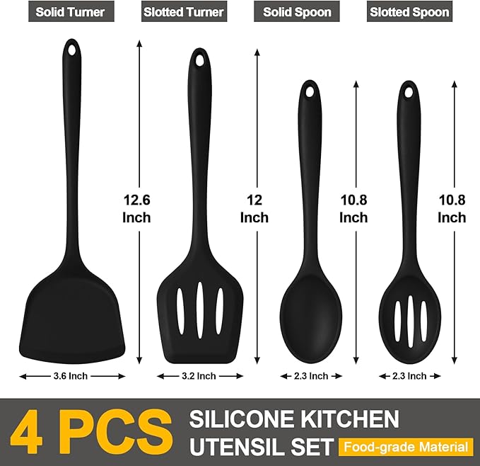 P&P CHEF Kitchen Utensil Set, 4 Pieces Non-stick Silicone Cooking Utensils, Heat-resistant Slotted Solid Spoon Turner for Frying, Mixing, Serving, Non-toxic & Easy to Clean, Black - Image 2