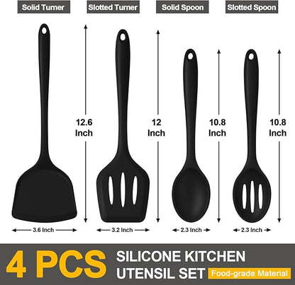 P&P CHEF Kitchen Utensil Set, 4 Pieces Non-stick Silicone Cooking Utensils, Heat-resistant Slotted Solid Spoon Turner for Frying, Mixing, Serving, Non-toxic & Easy to Clean, Black - Image 2