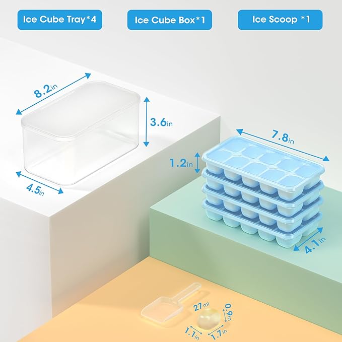 DOQAUS Ice Cube Tray with Lid and Bin - 4 Pack Silicone Ice Cube Trays for Freezer, Stackable Ice Bucket Kits with Storage Container & Scoop for Kitchen, RV, Cocktail, Coffee - Image 7
