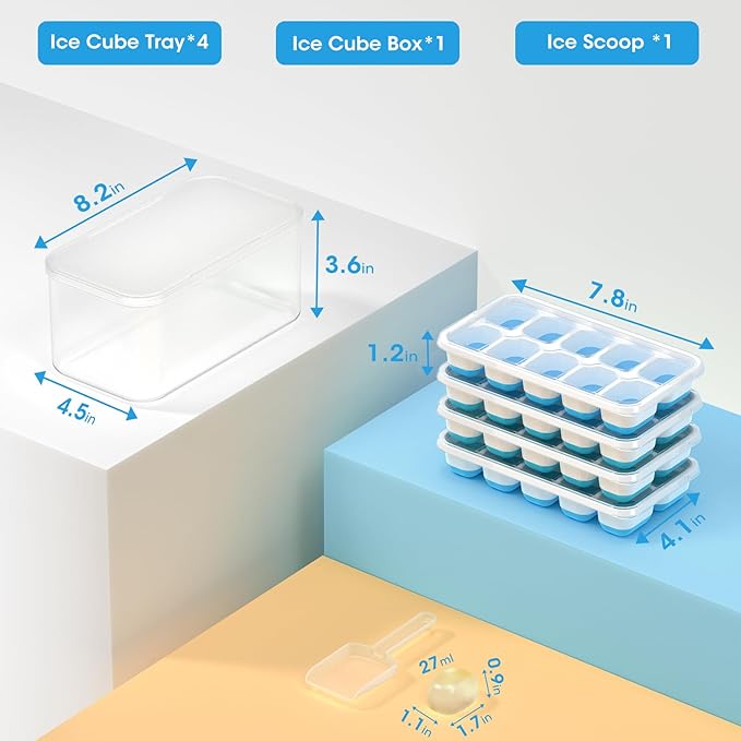 DOQAUS Ice Cube Tray with Lid and Bin - 4 Pack Silicone Ice Cube Trays for Freezer, Stackable Ice Bucket Kits with Storage Container & Scoop for Kitchen, RV, Cocktail, Coffee - Image 6