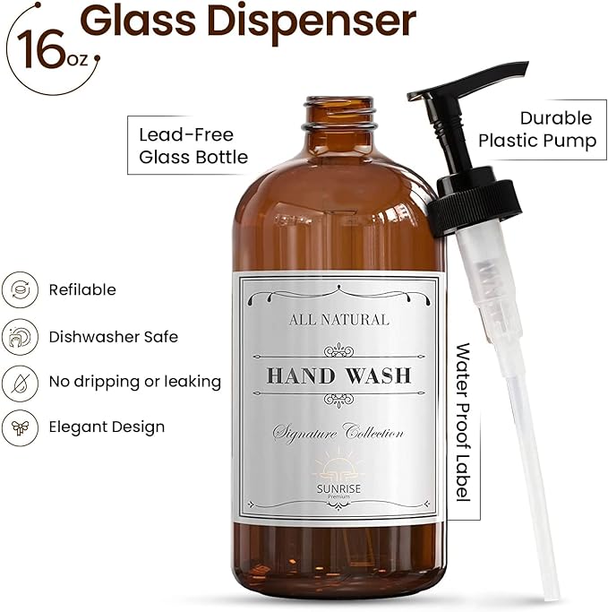 Sunrise Premium, 16 OZ Thick Amber Glass Soap Dispenser with Pump 2 Pack, Hand and Dish Soap Dispenser Set for Bathroom with 6 Waterproof Labels - Image 2
