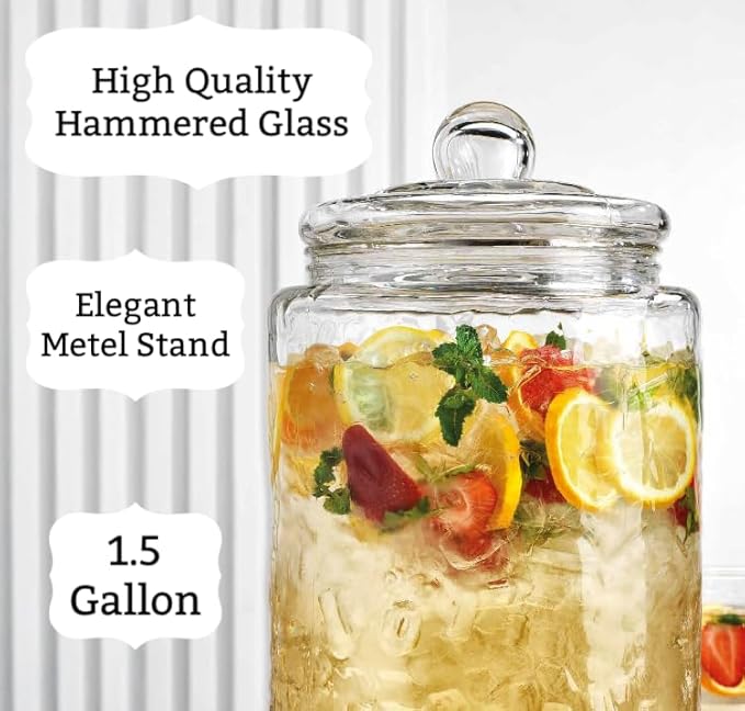 MosJos 3 Gallon Classic Hammered Glass Ice Cold Beverage Drink Dispenser - With Glass Lid 100% Leak Proof Spigot- Wide Mouth Easy Filling For Outdoor, Parties & Daily Use - Image 5
