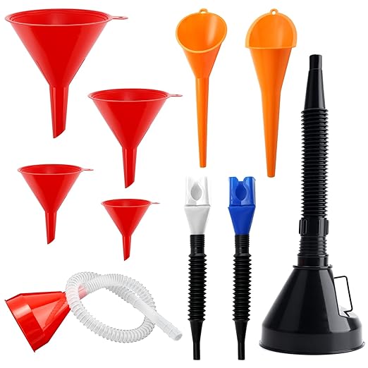 10Pcs Funnels for Automotive Use,Automotive Funnels Set,Wide Mouth Fuel Funnel, Plastic Long Neck Oil Funnel,Flexible Oil Funnel Kit with Spout and Filter for Filling Coolant, Engine Oil, Gasoline by vvag