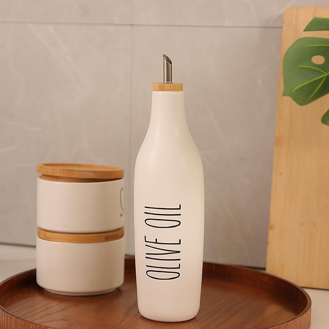 HOMCDALY Ceramic Olive Oil Dispenser for Kitchen, Stoneware 16oz Oil Cruet and Vinegar Bottles Dispenser, Kitchen Dispenser Bottle for EVOO Vinegar Syrups, Modern Farmhouse Design(W-O) - Image 6