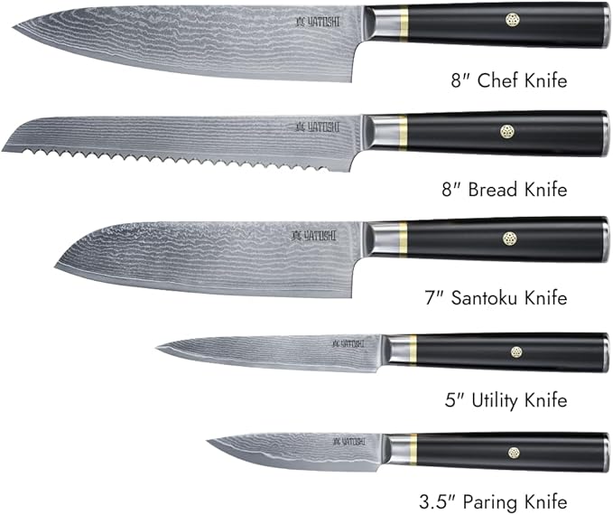 Yatoshi Knives Magnetic Kitchen Knife Block Set - Japanese 67 Layer High-Grade VG-10 Steel Knives, Sharp, G10 Handle Professional Kitchen Knife Set - Black Damascus (6 pieces) - Image 5