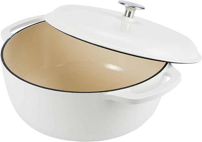 Amazon Basics Enameled Cast Iron Dutch Oven Pot with Lid, Round, Dual Handles, Heavy-Duty, Oven Safe for Stews, Roasting, Baking, 6-Quart, Matte White - Image 3