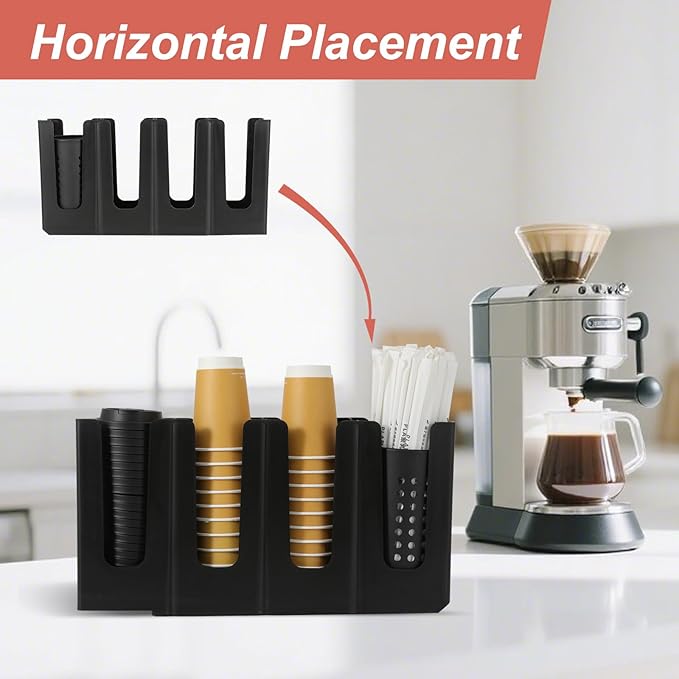 Paper Cup and Lid Holder with Straw Organizer,4 Compartment Adjusting,Coffee Cup Dispenser for Countertop,Coffees Station,Bar Restaurant,Black - Image 4