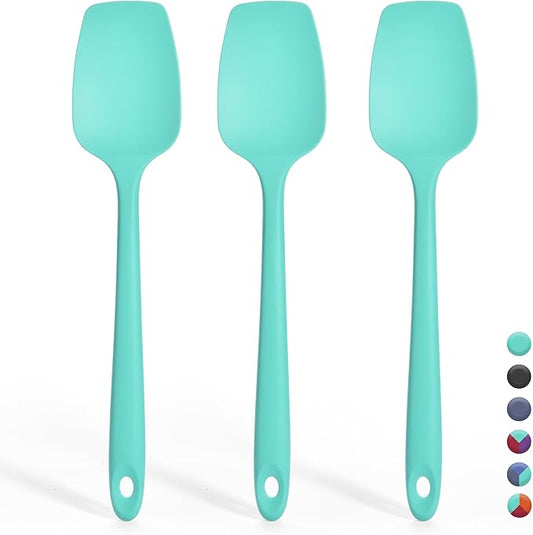 Silicone Spoon Spatula Set: 600ºF Heat Proof Food Grade Baking Essentials, Kitchen Flexible Nonstick Rubber Pan Spoon Spatula for Mixing, Scrambling, Scooping (Set of 3, Teal)