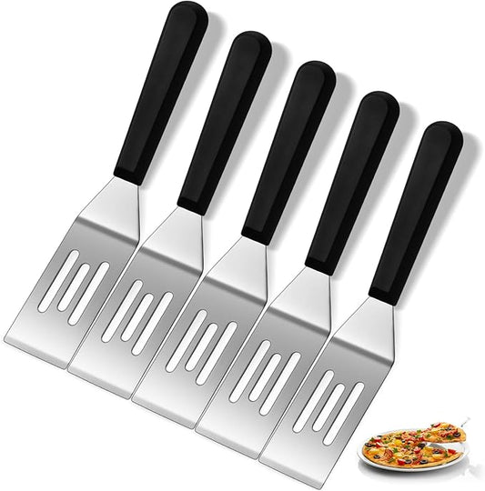 Patelai 5 Pack Small Spatula Mini Serving Brownie Spatula for Serving and Flipping Cooking Pancakes Desserts Cookie Eggs Lasagna (Slotted,Black Handle)