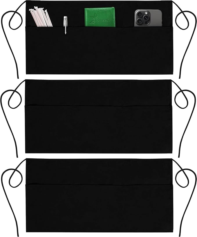 GREEN LIFESTYLE 3 Pack Server Aprons with 3 Pockets - Waist Apron, Waitress Apron for Women and Man, Water Resistant with Long Waist Strap Reinforced Seams, Half Apron (Black) by GreenLifeStyle