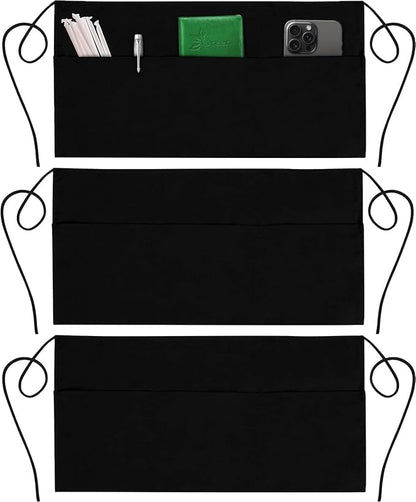 GREEN LIFESTYLE 3 Pack Server Aprons with 3 Pockets - Waist Apron, Waitress Apron for Women and Man, Water Resistant with Long Waist Strap Reinforced Seams, Half Apron (Black) by GreenLifeStyle