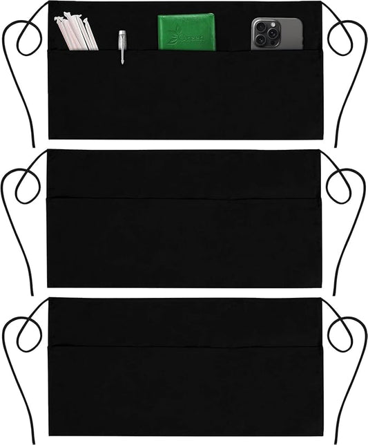 GREEN LIFESTYLE 3 Pack Server Aprons with 3 Pockets - Waist Apron, Waitress Apron for Women and Man, Water Resistant with Long Waist Strap Reinforced Seams, Half Apron (Black) by GreenLifeStyle