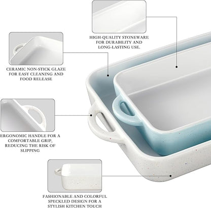 Family of chefs casserole dishes set for oven, 2Pcs rectangular baking dish, Durable Lasagna & cake for kitchen, Non-stick ceramics bakeware with handle, Microwave & Dishwasher safe.