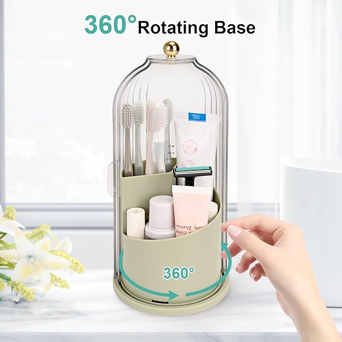 QIYVLOS Toothbrush Holders with Sliding Lid, Rotating 3 Slots Bathroom Organizer Countertop, Tooth Brush Toothpaste Holder Bathroom Counter Stand Sink Organizer Caddy for Makeup Brushes Holder (Green) - Image 3