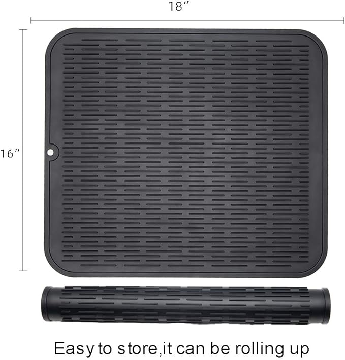 ZLR 2 Pcs Large Silicone Dish Drying Mat (16" x 18") - XL Heavy Duty Drainboard Mat for Pots, Pans & Family Loads - Heat Resistant Trivet & Counter Protector, Easy Clean (Black) - Image 2
