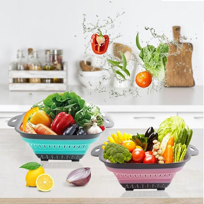 Collapsible Colander Set, Square Round Triangles Silicone Kitchen Strainer Perfect for Draining Pasta Vegetable fruit 2 PCS (10.8"L x 8.6"W x 2"H, Red & Green) - Image 6