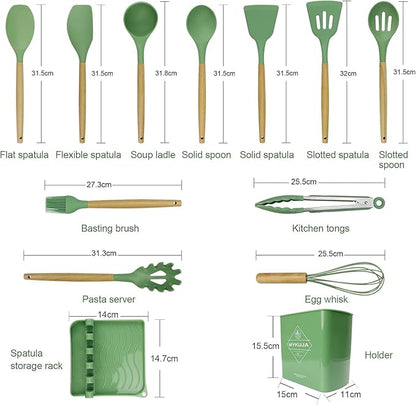 MYKUJA Silicone Cooking Utensils Set, Heat Resistant Kitchen Utensils Set, Spatula,Turner Tongs,Spoon,Brush,Whisk, Cooking Kitchen Utensils Spatula Set, Nonstick Cookware（sage green）