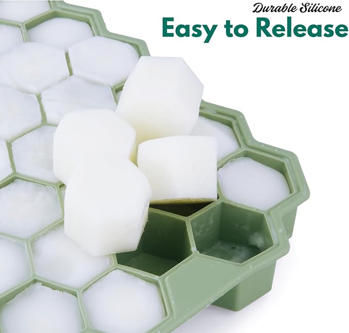 2 Pack Small Silicone Ice Cube Trays for Freezer with Lids, Emptycolor Honeycomb Ice Molds, Easy-Release Reusable Ice Maker Tray for Drinks, Coffee, Whiskey, Round & Pebble Ice Cubes, Blue Green