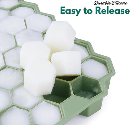 2 Pack Small Silicone Ice Cube Trays for Freezer with Lids, Emptycolor Honeycomb Ice Molds, Easy-Release Reusable Ice Maker Tray for Drinks, Coffee, Whiskey, Round & Pebble Ice Cubes, Blue Green