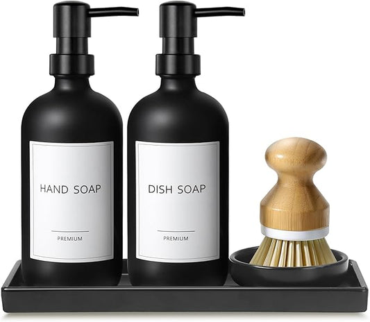 GMISUN Kitchen Soap Dispenser Set, 17 fl oz Dish Soap Dispenser with Ceramic Tray & Bamboo Brush for Kitchen, 2Pcs Matte Black Glass Hand and Dish Soap Dispenser Set, Refillable Soap Bottle Set by GMISUN