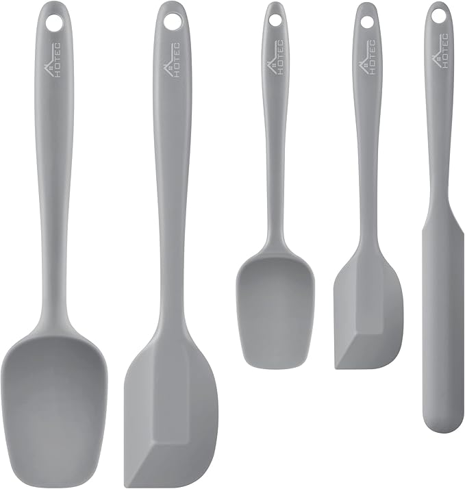 HOTEC 600℉ Heat Resistant BPA-Free Silicone Rubber Spatula Set,Kitchen Cooking Spatulas, Baking, Mixing for Non Stick Cookware, Dishwasher Safe, Set of 5 Grey by Hotec